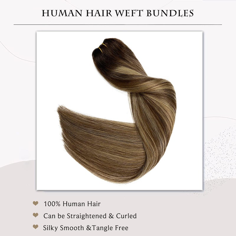 Ubetta Sew in Hair Extensions Real Human Hair, Ombre Brown and Caramel Blonde Highlights Balayage, 120G 24 Inch Hand Tied Weft, Human Hair Extensions - Image 5